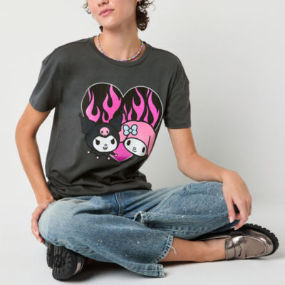 Juniors My Melody And Kuromi Boyfriend Tee Womens Crew Neck Short Sleeve Hello Kitty Graphic T-Shirt