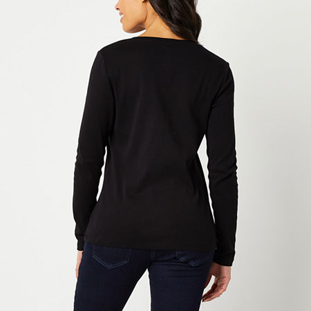 St. John's Bay Womens V Neck Long Sleeve T-Shirt, Petite X-small, Black