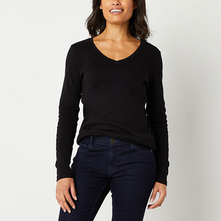 St. John's Bay Womens V Neck Long Sleeve T-Shirt, Petite X-small, Black