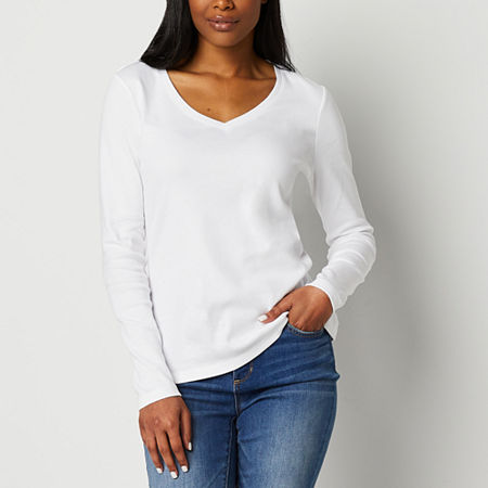 St. John's Bay Womens V Neck Long Sleeve T-Shirt, Large, White