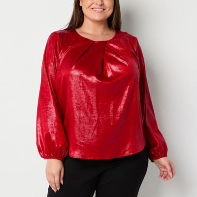 Liz Claiborne Plus Womens Crew Neck Long Sleeve Satin Blouse, Color ...