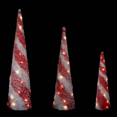 Northlight Led Lighted Snow Candy Cane Cone Trees 3-pc. Lighted Christmas Tabletop Decor