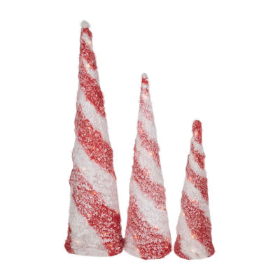 Northlight Led Lighted Snow Candy Cane Cone Trees 3-pc. Lighted Christmas Tabletop Decor