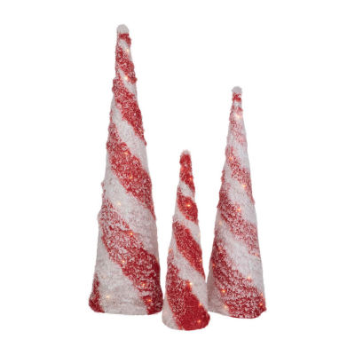 Northlight Led Lighted Snow Candy Cane Cone Trees 3-pc. Lighted Christmas Tabletop Decor