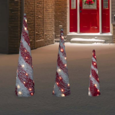 Northlight Led Lighted Snow Candy Cane Cone Trees 3-pc. Lighted Christmas Tabletop Decor