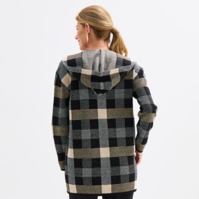 Black Label by Evan-Picone Womens Hooded Long Sleeve Open Front Cardigan