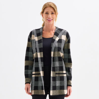 Black Label by Evan-Picone Womens Hooded Long Sleeve Open Front Cardigan