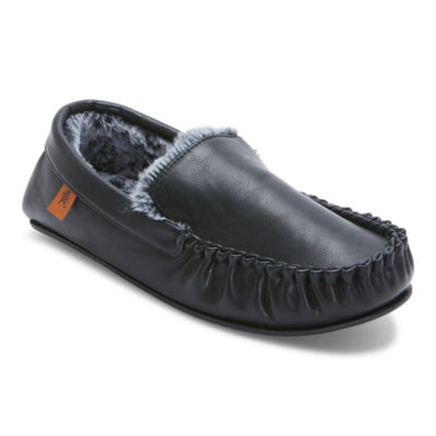 Mens black leather moccasin slippers hot sale