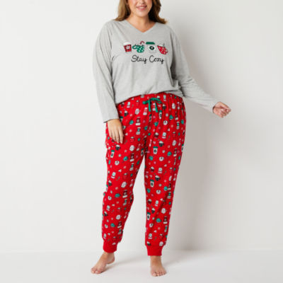 Bedhead Pajamas Plus Jersey Knit Festive Print Long Sleeve Notch Collar  Pant Pajama Set