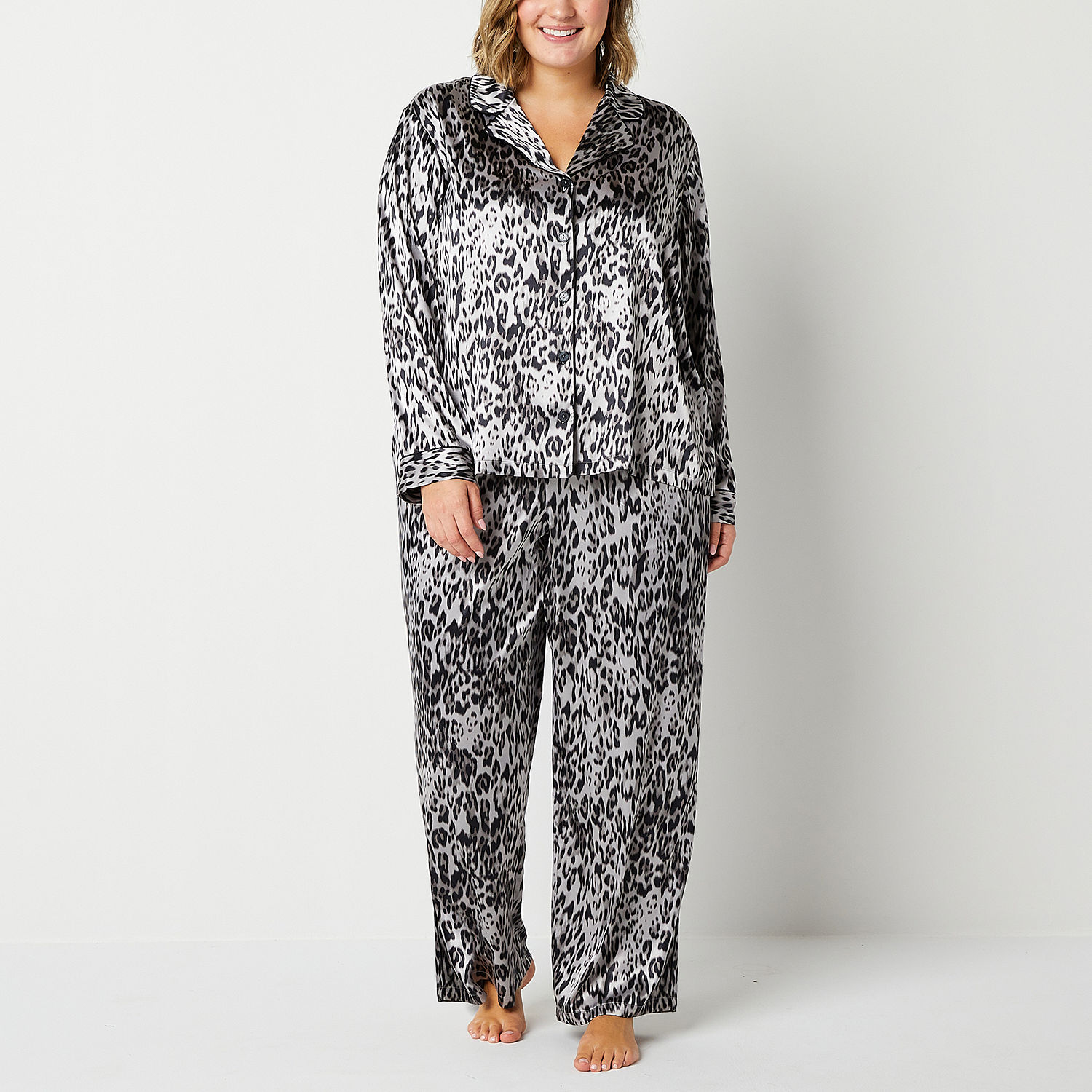 Ambrielle Womens Plus Long Sleeve Pant Satin Pajama Set - JCPenney