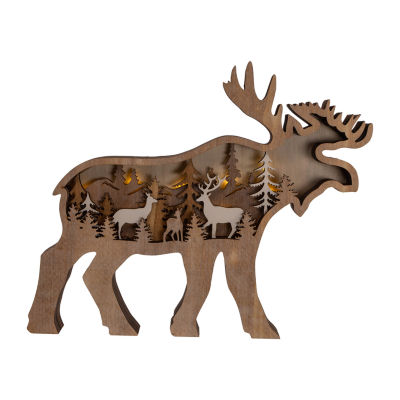 Kurt Adler 12x9.5-Inch Wooden Moose Lighted Christmas Tabletop Decor