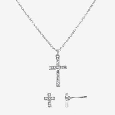 Bijoux Bar Delicates Silver Tone 2-pc. Glass Cross Jewelry Set