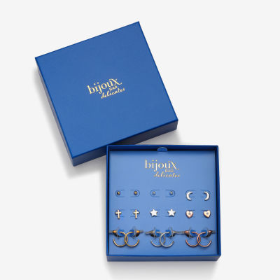Bijoux Bar Delicates Tri Tone Womens Glass Cross Heart Moon 9 Pair Earring Set