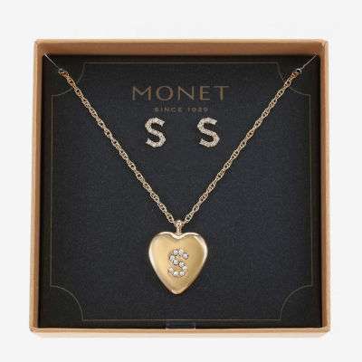 Monet Jewelry Initial Pendant Necklace And Stud Earring Womens Glass Heart 2-pc. Jewelry Set