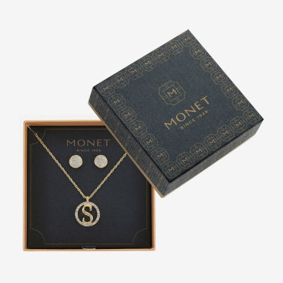 Monet Jewelry Initial Pendant Necklace And Stud Earring Glass Gold Tone Round 2-pc. Jewelry Set