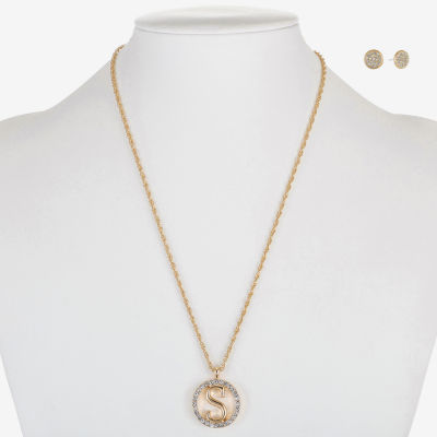 Monet Jewelry Initial Pendant Necklace And Stud Earring Glass Gold Tone Round 2-pc. Jewelry Set