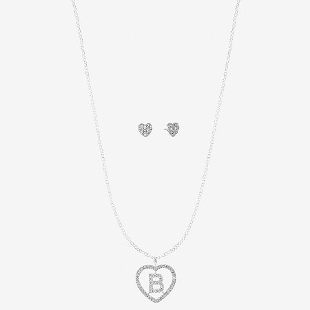 Monet Jewelry Initial Pendant Necklace And Stud Earring 2-pc. Glass Heart Jewelry Set, One Size, Silver