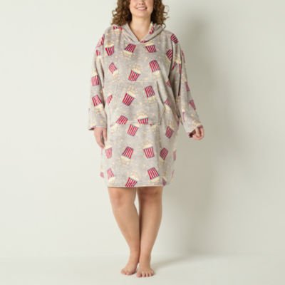 Sleep Chic Womens Plus Fleece Long Sleeve Hooded Nightshirt