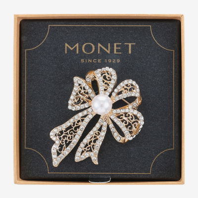 Monet Jewelry Gold Tone Glass Bow Pin