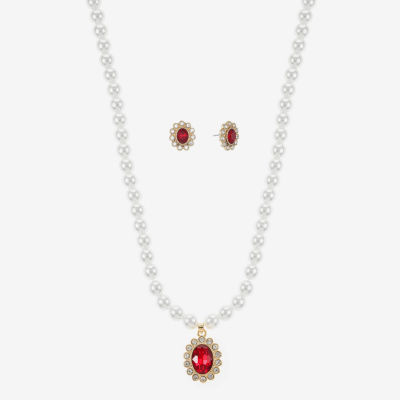 Monet Jewelry Pendant Necklace And Stud Earring Womens Red Glass Simulated Pearl Round 2-pc. Jewelry Set