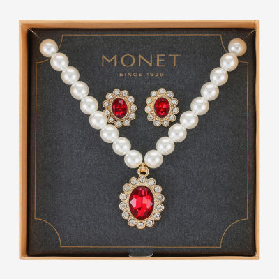 Monet Jewelry Pendant Necklace And Stud Earring Womens Red Glass Simulated Pearl Round 2-pc. Jewelry Set