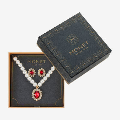 Monet Jewelry Pendant Necklace And Stud Earring Womens Red Glass Simulated Pearl Round 2-pc. Jewelry Set