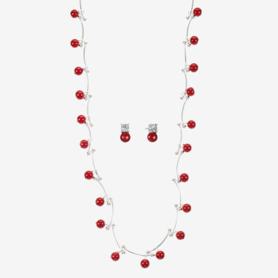 Monet Jewelry Timeless Silver Tone Collar Necklace And Stud Earring Womens Glass Simulated Pearl Round 2-pc. Jewelry Set