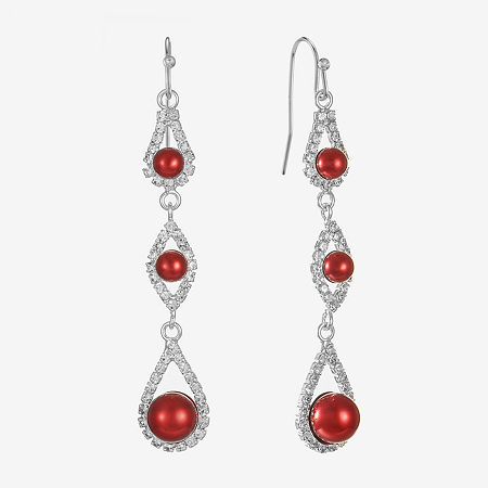 Monet Jewelry Silver Tone Linear Glass Simulated Pearl Round Drop Earrings, One Size, Red