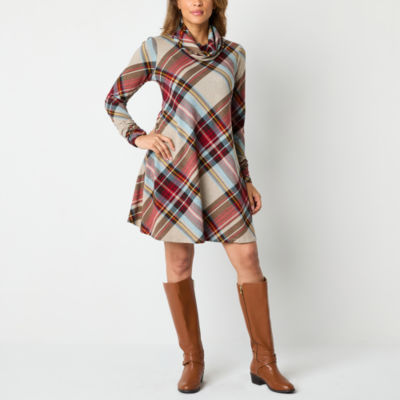 R & K Originals Plaid Womens Long Sleeve Shift Dress