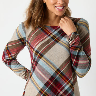 R & K Originals Plaid Womens Long Sleeve Shift Dress