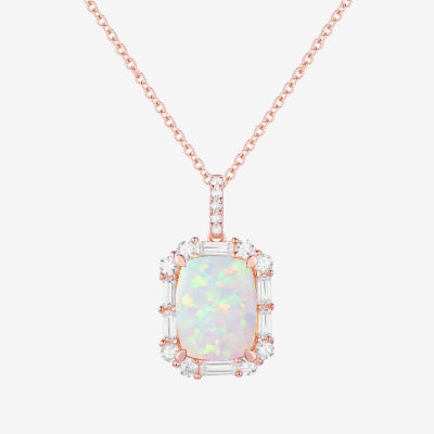 Womens Lab Created White Opal 14K Rose Gold Over Silver Pendant Necklace