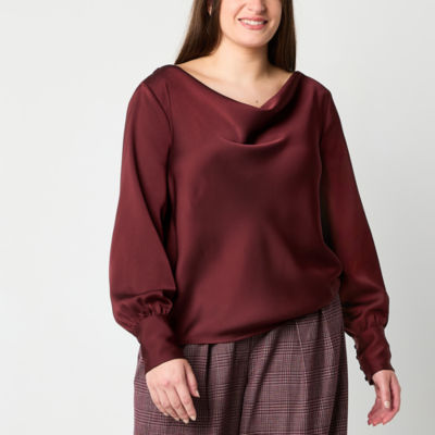 Worthington Womens Cowl Neck Long Sleeve Blouse