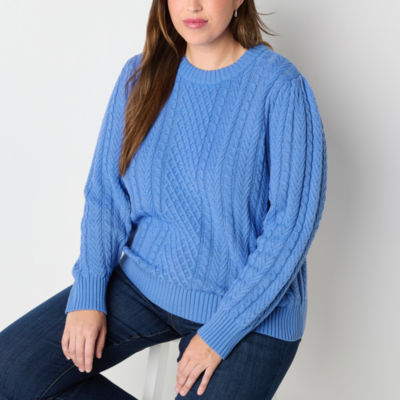 St. John's Bay Plus Womens Crew Neck Long Sleeve Striped Cable Knit Pullover Sweater