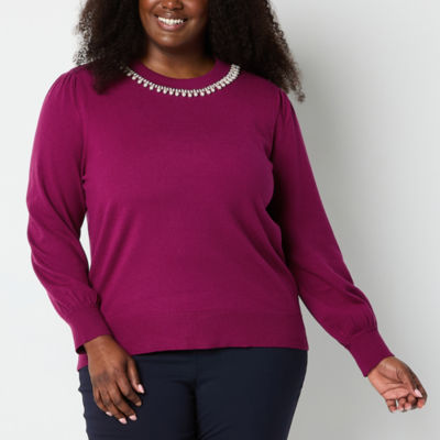 Liz Claiborne Plus Womens Crew Neck Embellished Long Sleeve