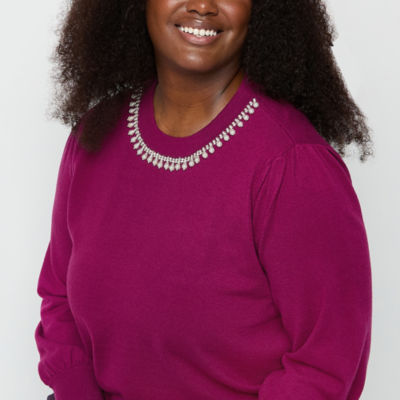 Liz Claiborne Plus Womens Crew Neck Embellished Long Sleeve