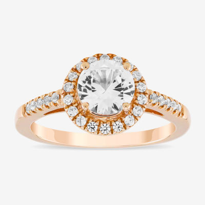 Womens Lab Created White Sapphire 10K Rose Gold Round Halo Side Stone Cocktail Ring