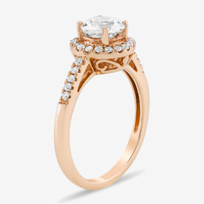 Womens Lab Created White Sapphire 10K Rose Gold Round Halo Side Stone Cocktail Ring