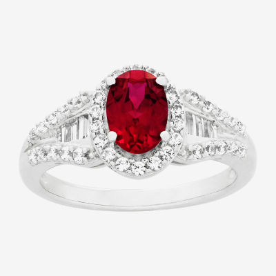 Womens Lab Created Red Ruby Sterling Silver Oval Halo Side Stone Cocktail Ring