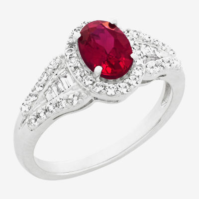 Womens Lab Created Red Ruby Sterling Silver Oval Halo Side Stone Cocktail Ring