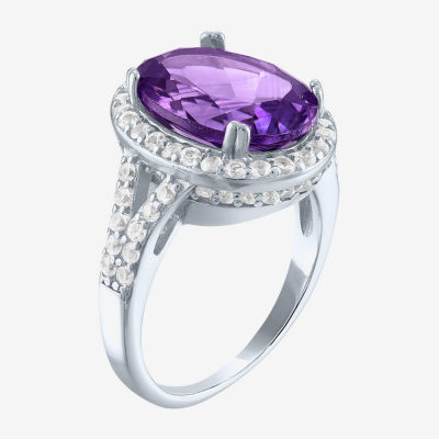 Womens Genuine Purple Amethyst Sterling Silver Oval Cocktail Ring