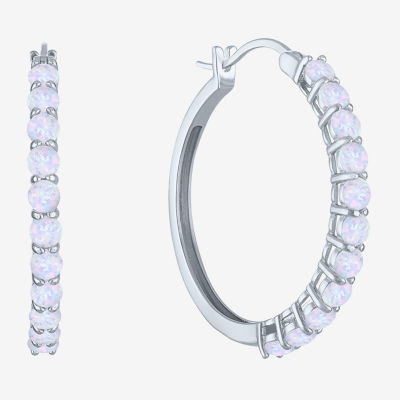 Lab Created White Opal Sterling Silver 30mm Hoop Earrings