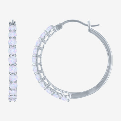 Lab Created White Opal Sterling Silver 30mm Hoop Earrings