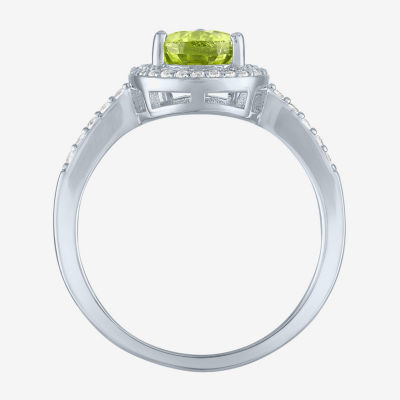 Womens Genuine Green Peridot Sterling Silver Pear Halo Side Stone Cocktail Ring