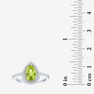 Womens Genuine Green Peridot Sterling Silver Pear Halo Side Stone Cocktail Ring