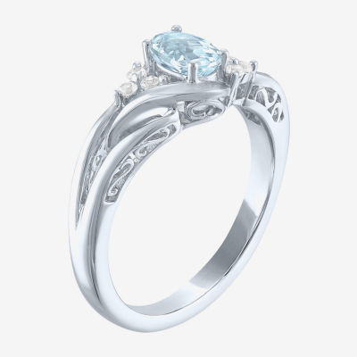 Womens Genuine Aquamarine & Lab-Created White Sapphire Sterling Silver Cocktail Ring