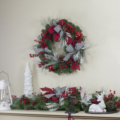 Northlight Plaid Houndstooth And Red Berries Wreath