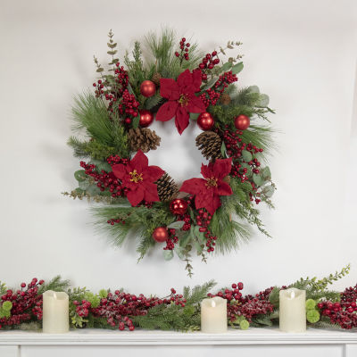 Northlight 28in Red Berry And Poinsettia Indoor Christmas Wreath