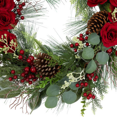 Northlight 30in Roses And Berries Unlit Indoor Christmas Wreath