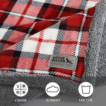 Eddie Bauer Parkwood Plaid Plush Lightweight Throw, One Size, Red