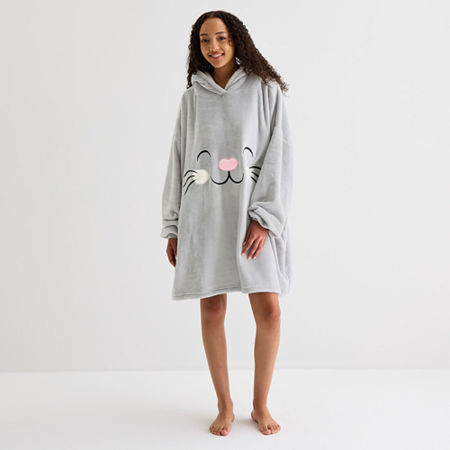 Sleep Chic One Size Fits Most Womens Fleece Hooded Long Sleeve Nightgown In Gray